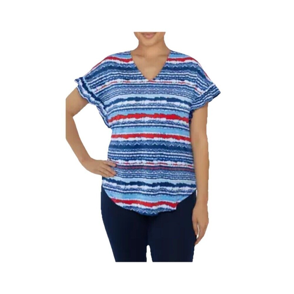 Ruby Rd Womens Small Patriotic Red White Blue Stripe V Neck Flutter Top S
